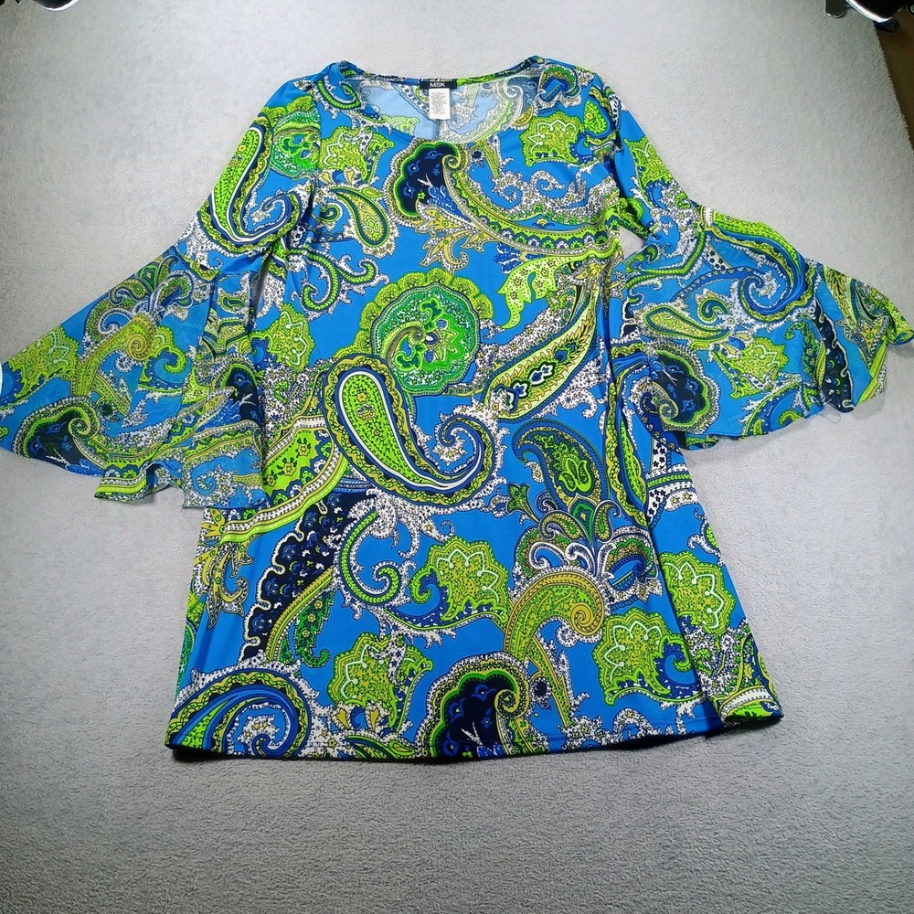 MSK Womens Paisley Bell Sleeve Top Blue Green Large 39965 Boho Stretch